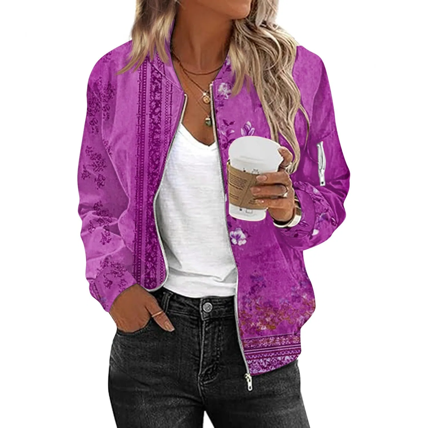 Женская куртка-бомбер с принтом, модель Summer Printed Slim Jacket, Lilac 3 — фото 2