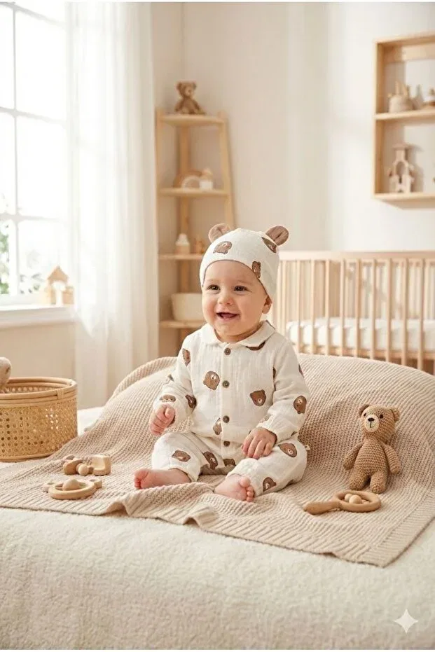 Детское боди-комбинезон из муслина с принтом Yukobaby Bebeğiniz Için En Doğalı, White