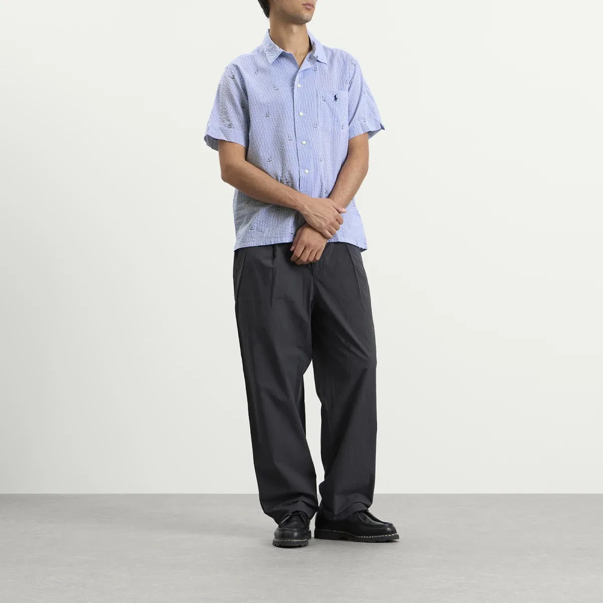 Мужская рубашка с коротким рукавом из ситца с принтом парусника Seersucker Sailboat Polo Ralph Lauren, Blue Stripe — фото 4