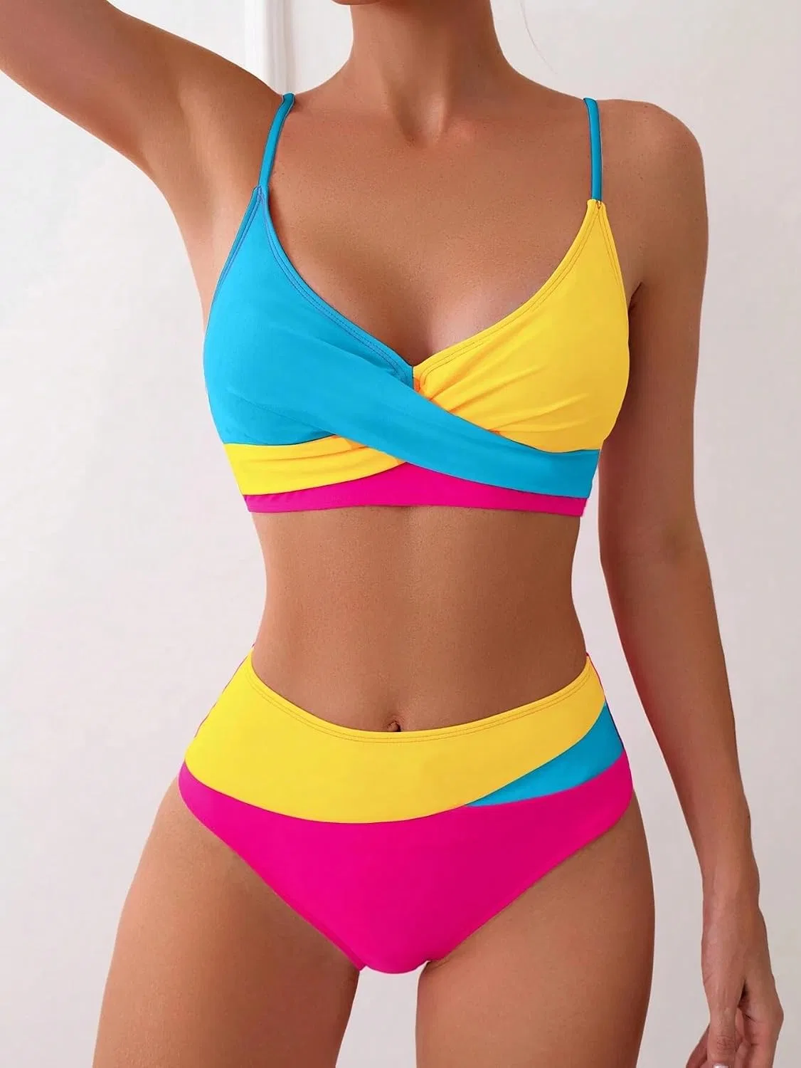 Женский бикини-сет с цветовой блокировкой High Waisted Spaghetti Strap, Multicolor — фото 3