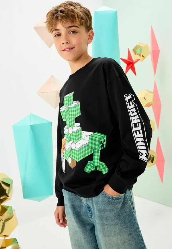 Футболка с принтом Regular fit long sleeve christmas Next Minecraft, черный — фото 3