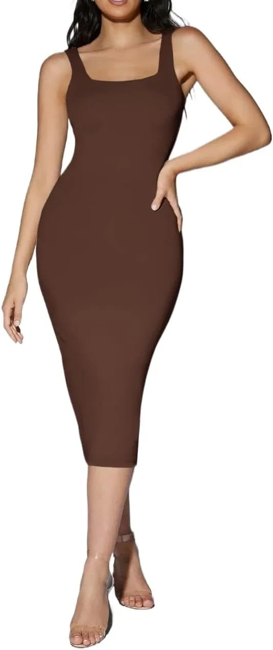 Женское миди-платье без рукавов облегающее Casual, Coffee Brown