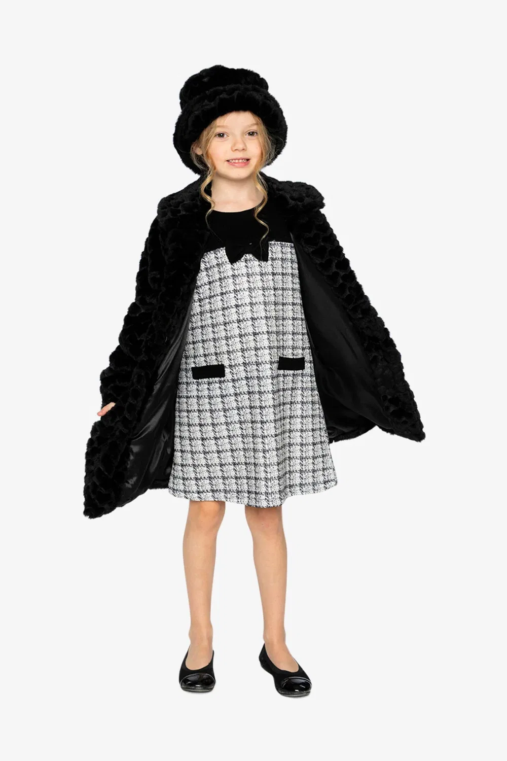 Детское длинное пальто из искусственного меха с фактурным узором Chic Occasionwear Deux par Deux, черный — фото 4