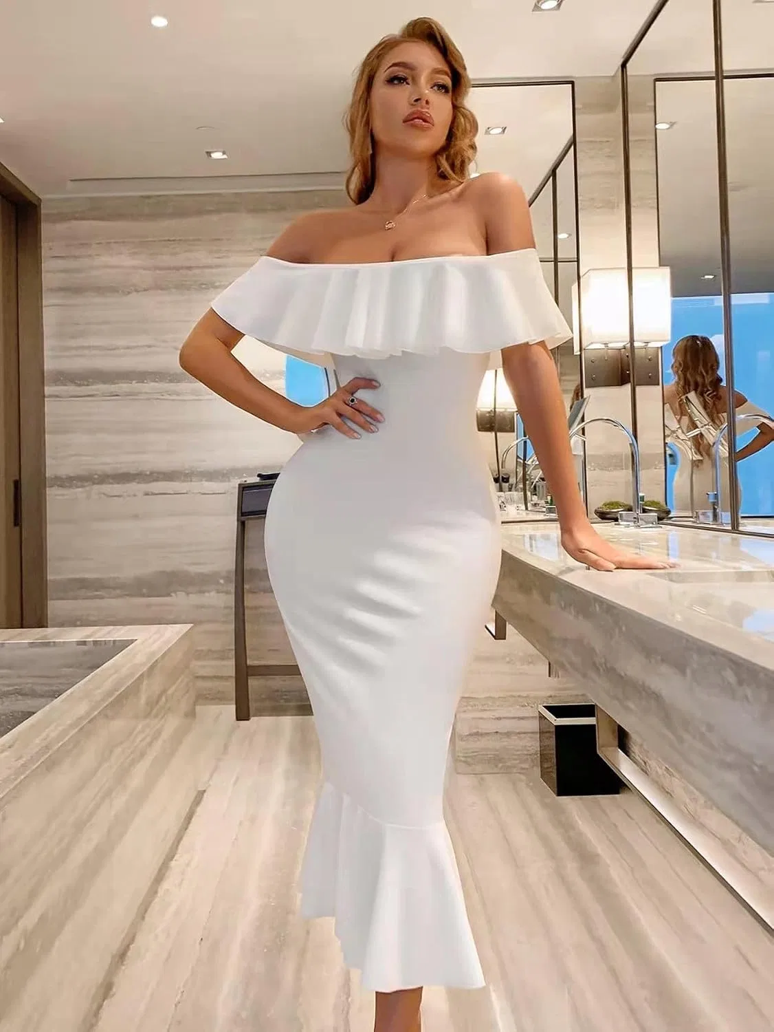 Женское элегантное платье-миди с воланами Off-Shoulder, White — фото 2