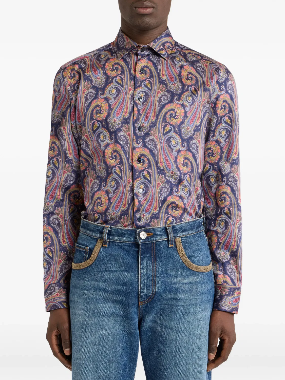 ETRO Рубашка из хлопкового сатина с узором пейсли, синий — фото 3
