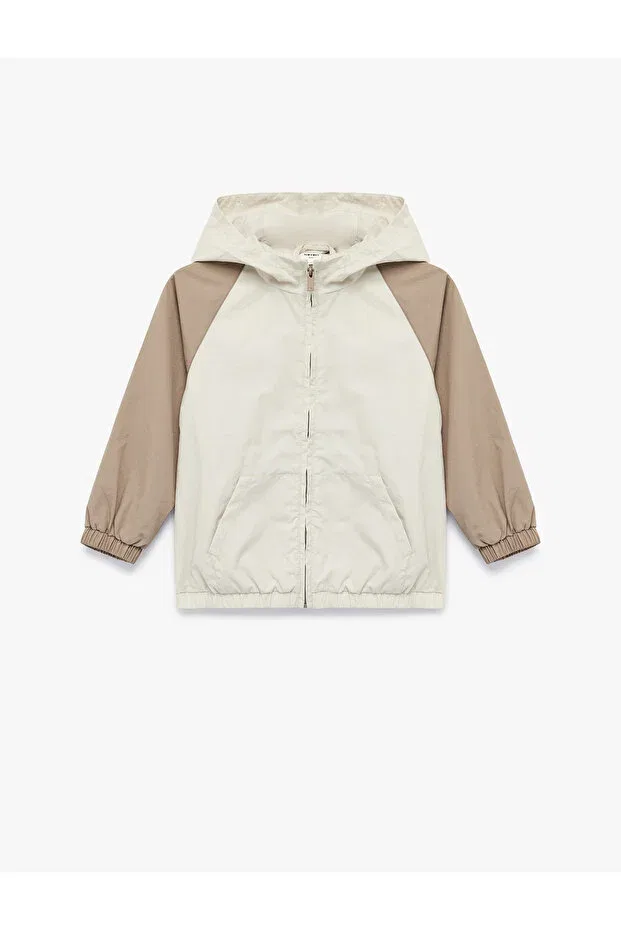 Детское зимнее пальто для девочек с капюшоном Color Block Kangaroo Pocket Detail Zip Detail Hooded Transitional Jacket Koton, Ecru — фото 4