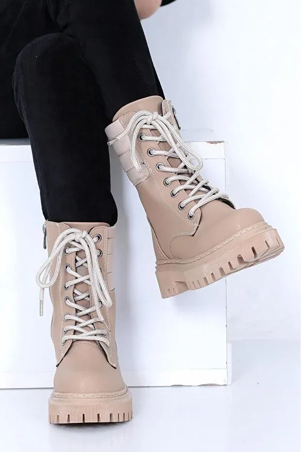 Детские ботинки для девочек на шнуровке Parachute detailed zippered beige girl's boots lace-up Raynok, Beige — фото 4