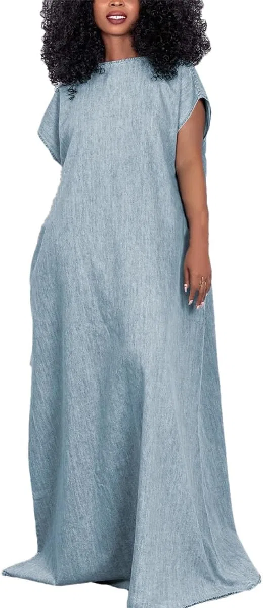 Женское джинсовое платье макси свободного кроя с V-образной спинкой, Light Blue