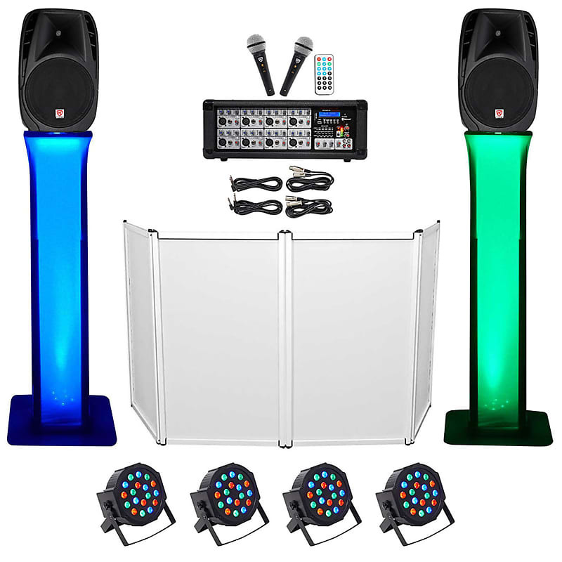 

DJ-пакет с 15-дюймовыми динамиками + Bluetooth-микшер + микрофоны + штатив + тотемные стойки + фасад + освещение Rockville RPG2X15+(2) RTP32W+RFAAW PACK