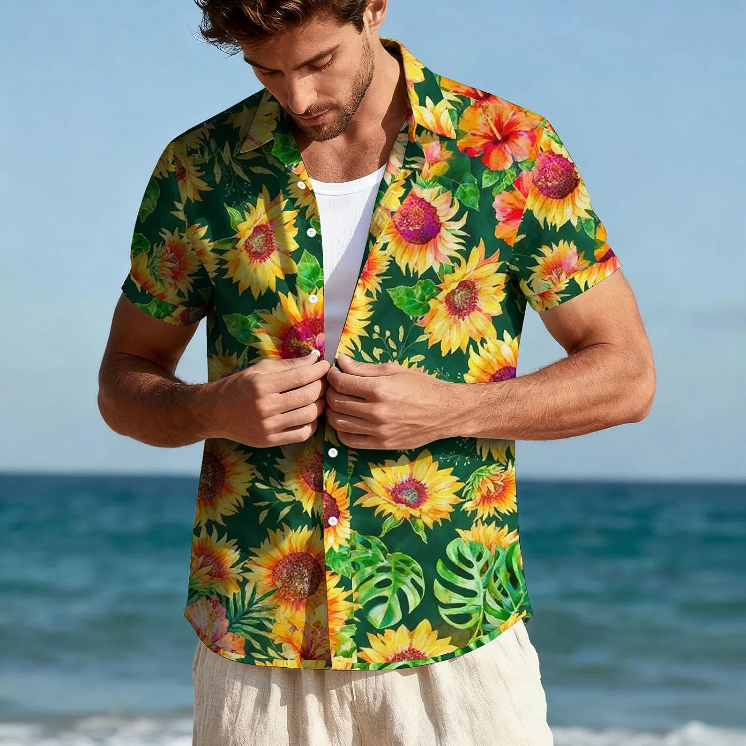 Мужская гавайская рубашка с цветочным принтом Funky Hawaiian Shirt, Green — фото 2