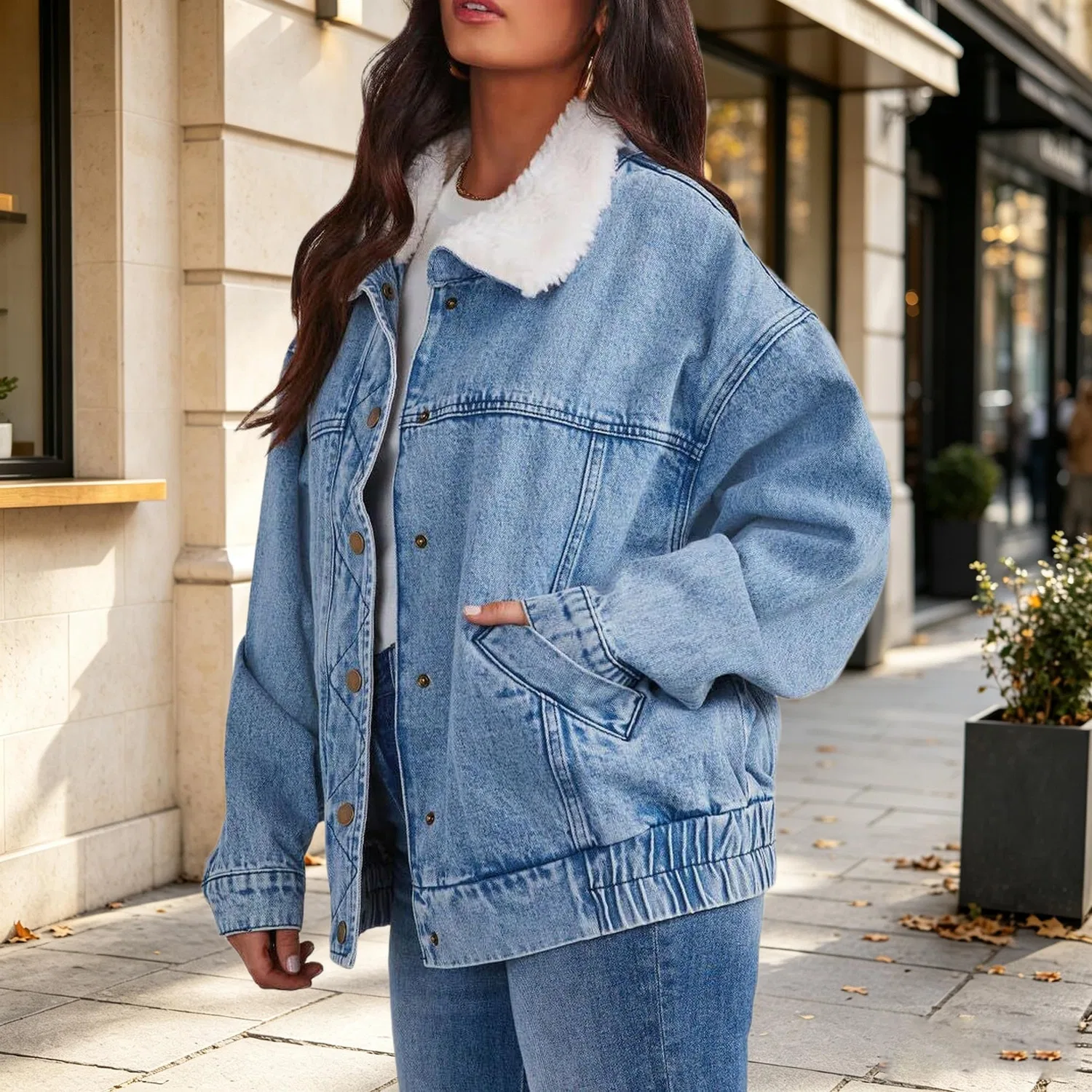 Женское джинсовое пальто oversize с тёплым воротником, Azzurro chiaro — фото 4