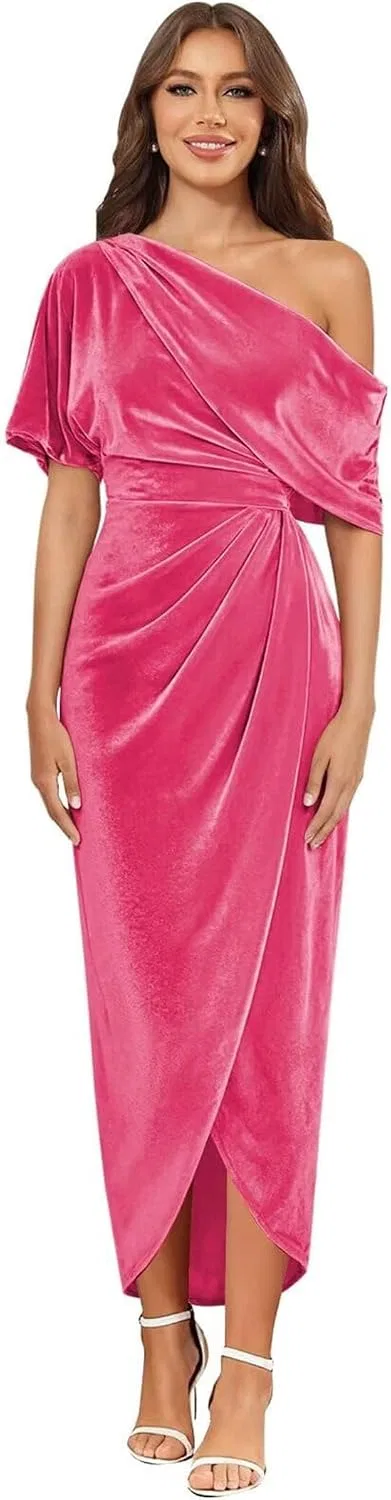 Женское бархатное платье с одним рукавом-фонариком LA144, Hot Pink