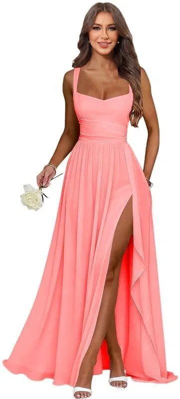Женское длинное платье шифон с разрезом Chiffon Bridesmaid Dresses, Coral
