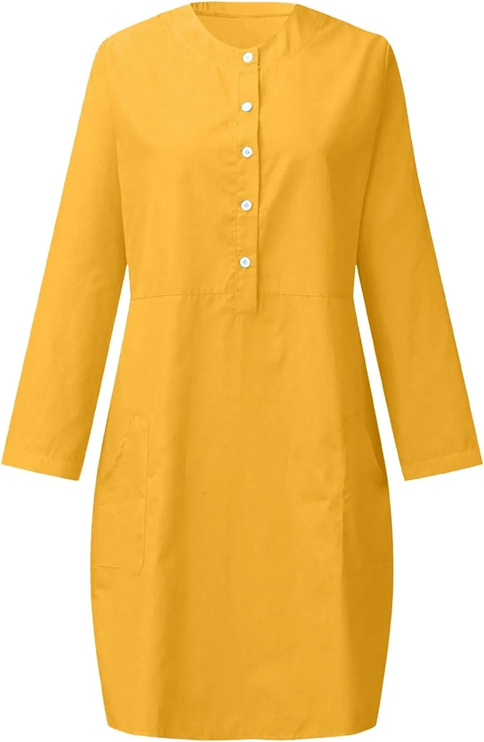 Женское льняное мини-платье с пуговицами, длинным рукавом, Yellow — фото 4