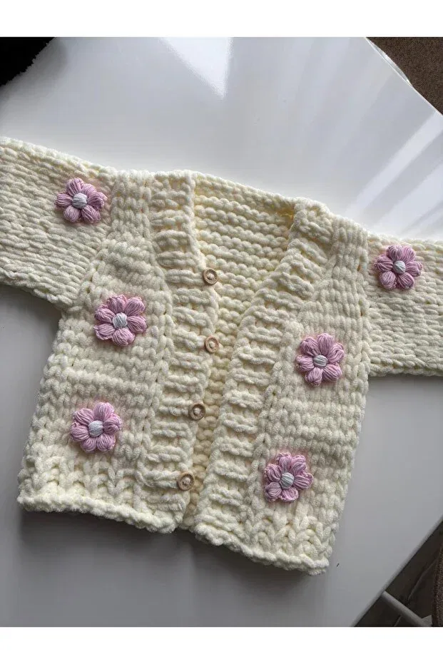 Детское вязаное пальто-кардиган с принтом Puffy Flowered Cardigan Coat Velora, Beige