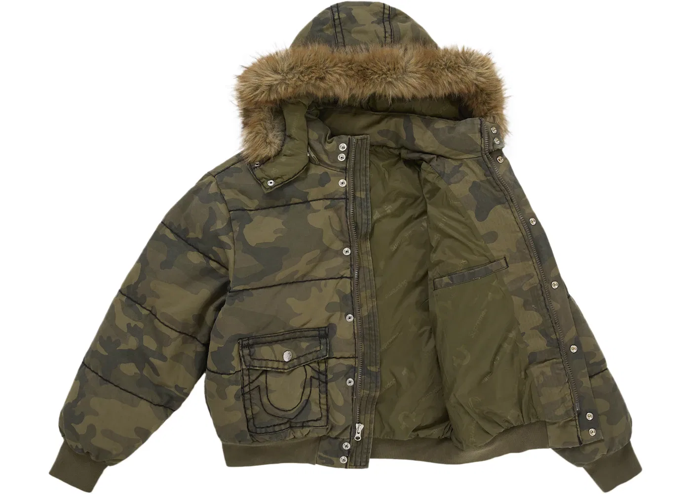 Мужская пуховая куртка с камуфляжным принтом Supreme True Religion, Olive Camo — фото 2
