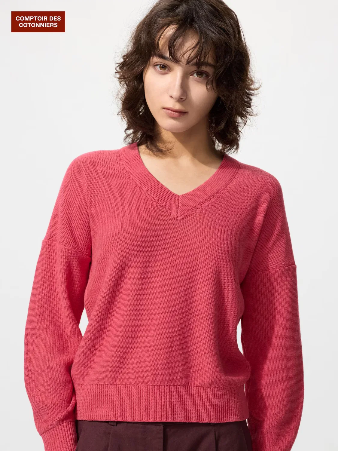 Свитер Uniqlo Льняной с V-образным вырезом, красный
