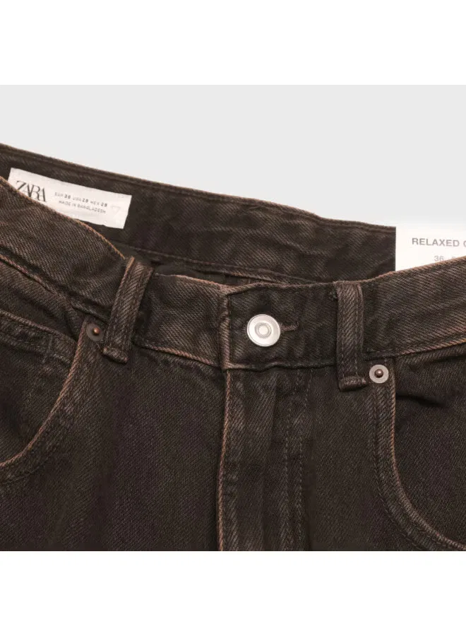 Джинсы классические универсальные с эффектом винтаж Zara, черно-коричневый — фото 4
