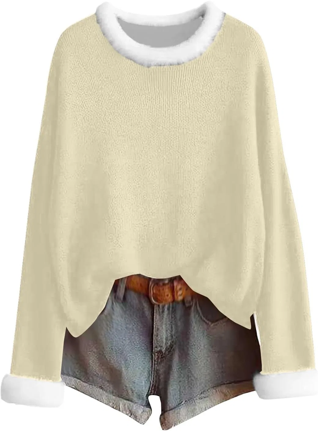 Женский свитшот с принтом Ugly Christmas Sweatshirts, White Faux Fur Trim, V Neck, 1b-beige — фото 2