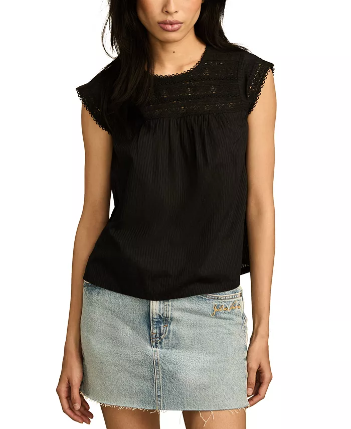 

Женская хлопковая блузка с кружевным воротником и защипами Lucky Brand, черный