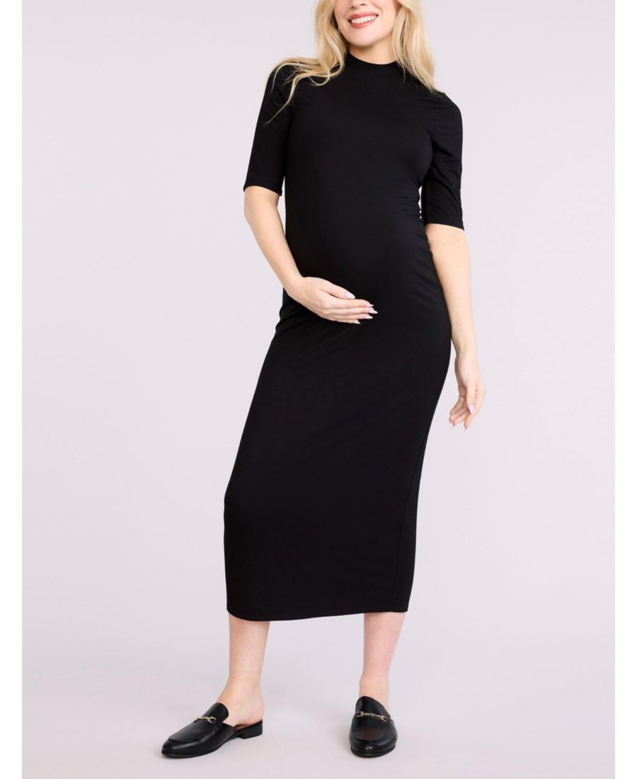 

Женское длинное платье с высоким воротником и рукавами 3/4 в рубчик - для беременных Motherhood Maternity, Black