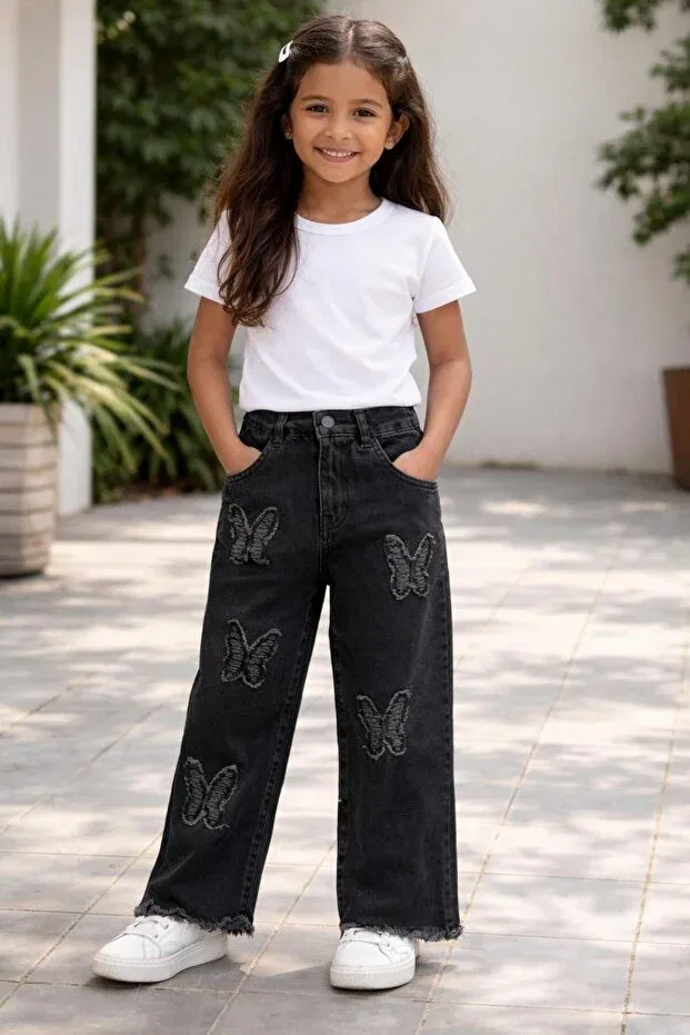 Детские джинсы для девочек с принтом Butterfly Embroidered Jeans Çalışkan Çocuk, Black