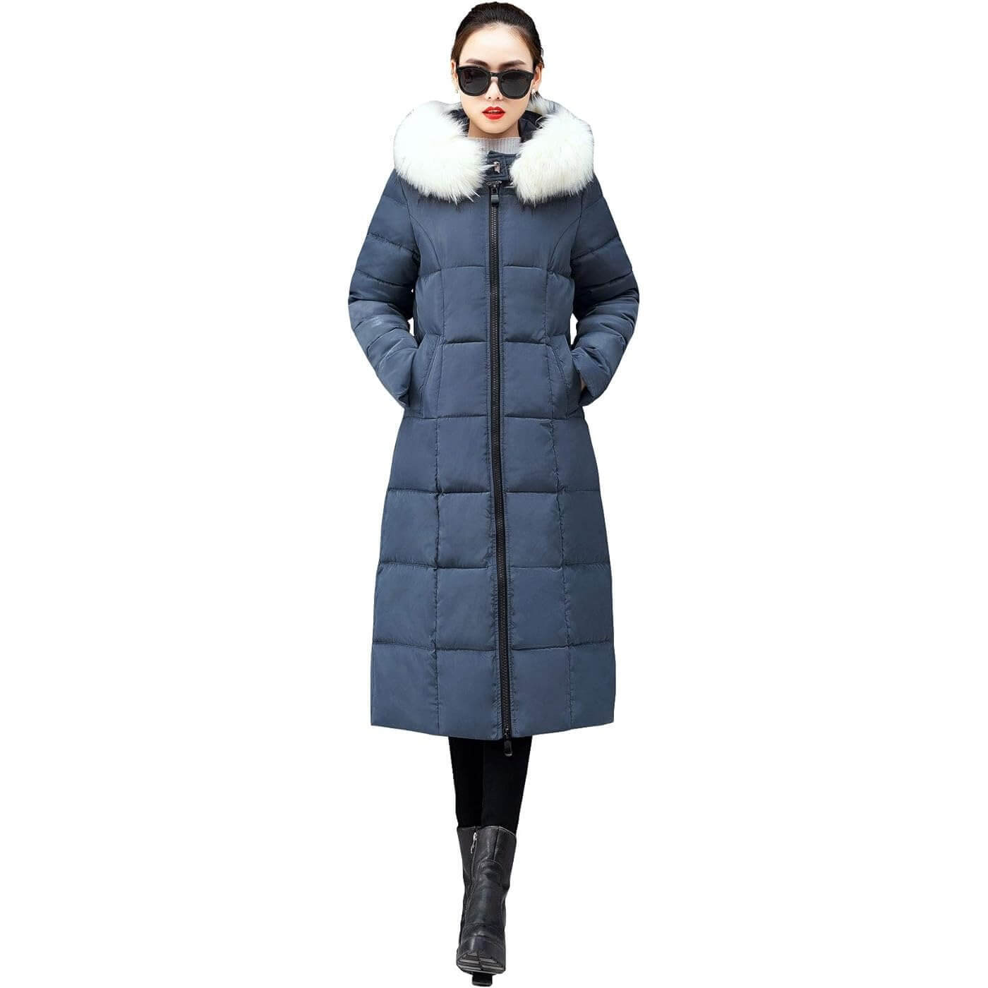 

Пальто-куртка Ebossy Women's Winter Thicken Down Alternative Long With Faux Fur Hood, синий/белый