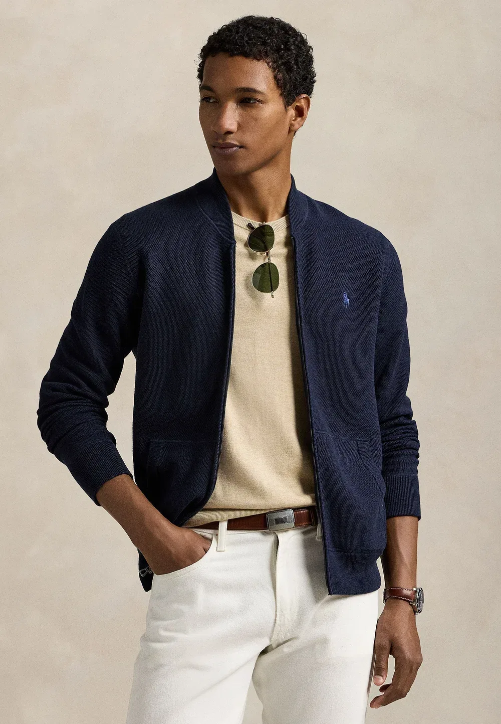 Хлопковый свитер-кардиган на молнии из сетчатой ткани Polo Ralph Lauren, Navy Heather