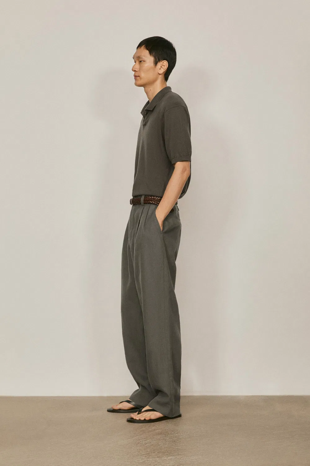 Вязаный поло из хлопка и льна - лимитированная серия Massimo Dutti, Dark Khaki — фото 2