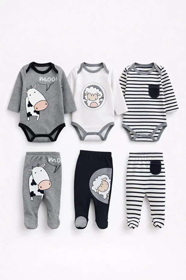 Детский комбинезон с принтом Lamb and cow patterned 3-piece baby top and bottom set Bubito, Multicolored — фото 2