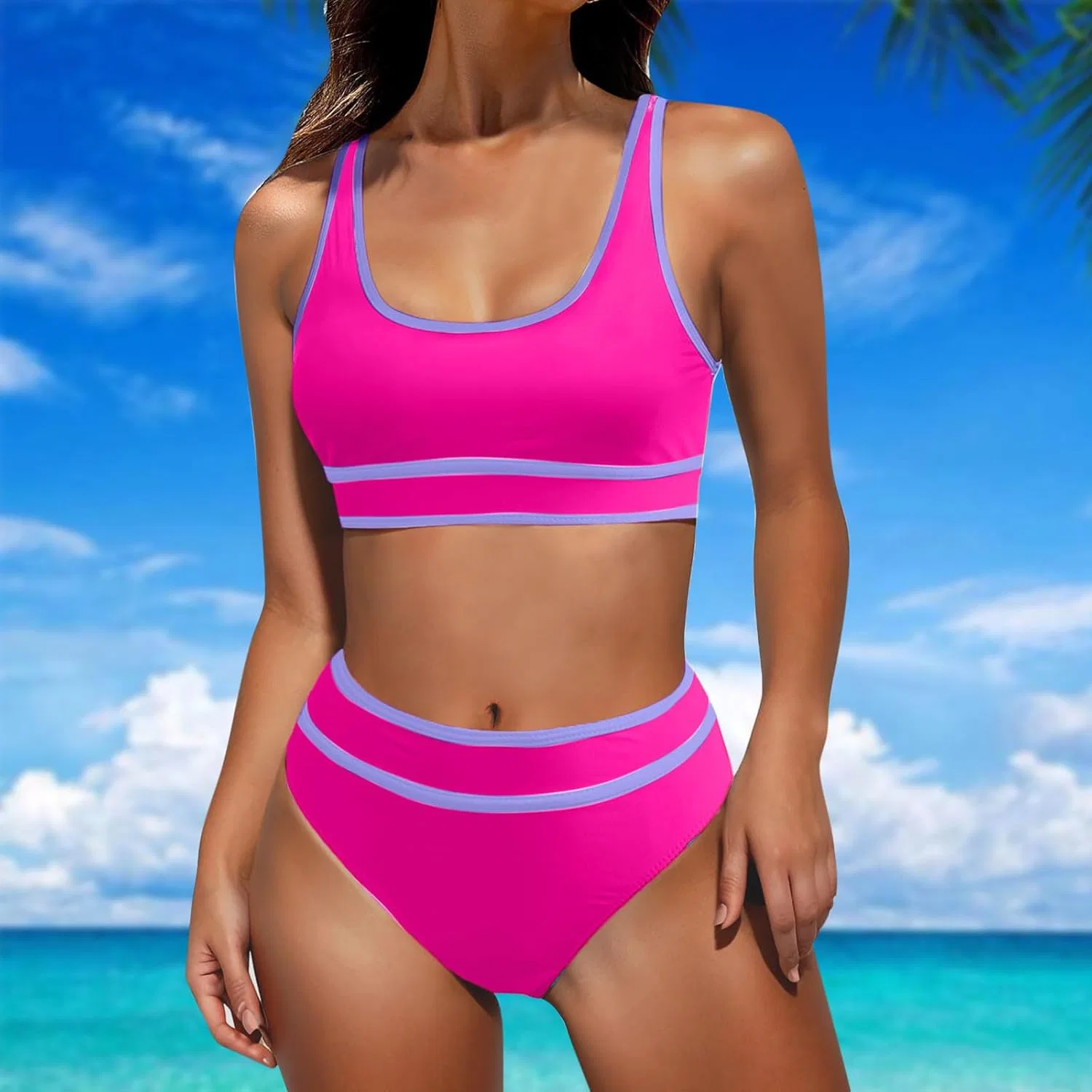 Женский спортивный бикини-сет с высокой талией, Hot Pink — фото 2