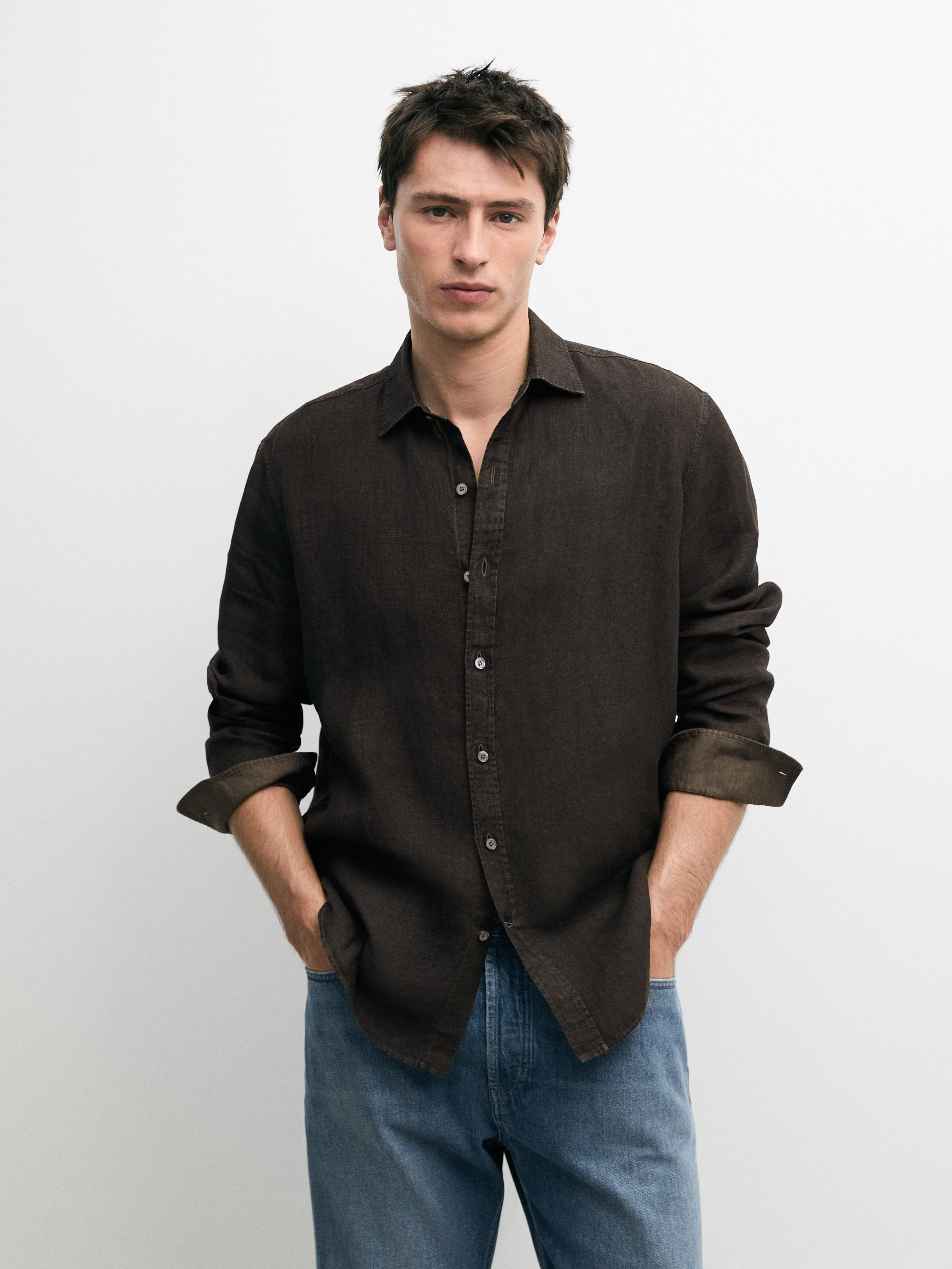 Рубашка Massimo Dutti 100% Linen Regular Fit, хаки — фото 3