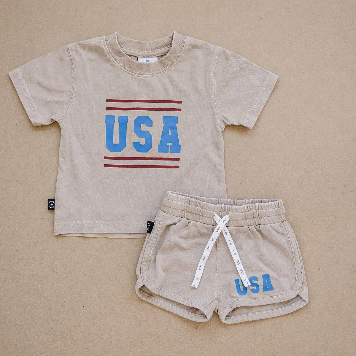 Детский комплект майки и шорт с кислотной стиркой USA Set Olive + Scout, Red — фото 2