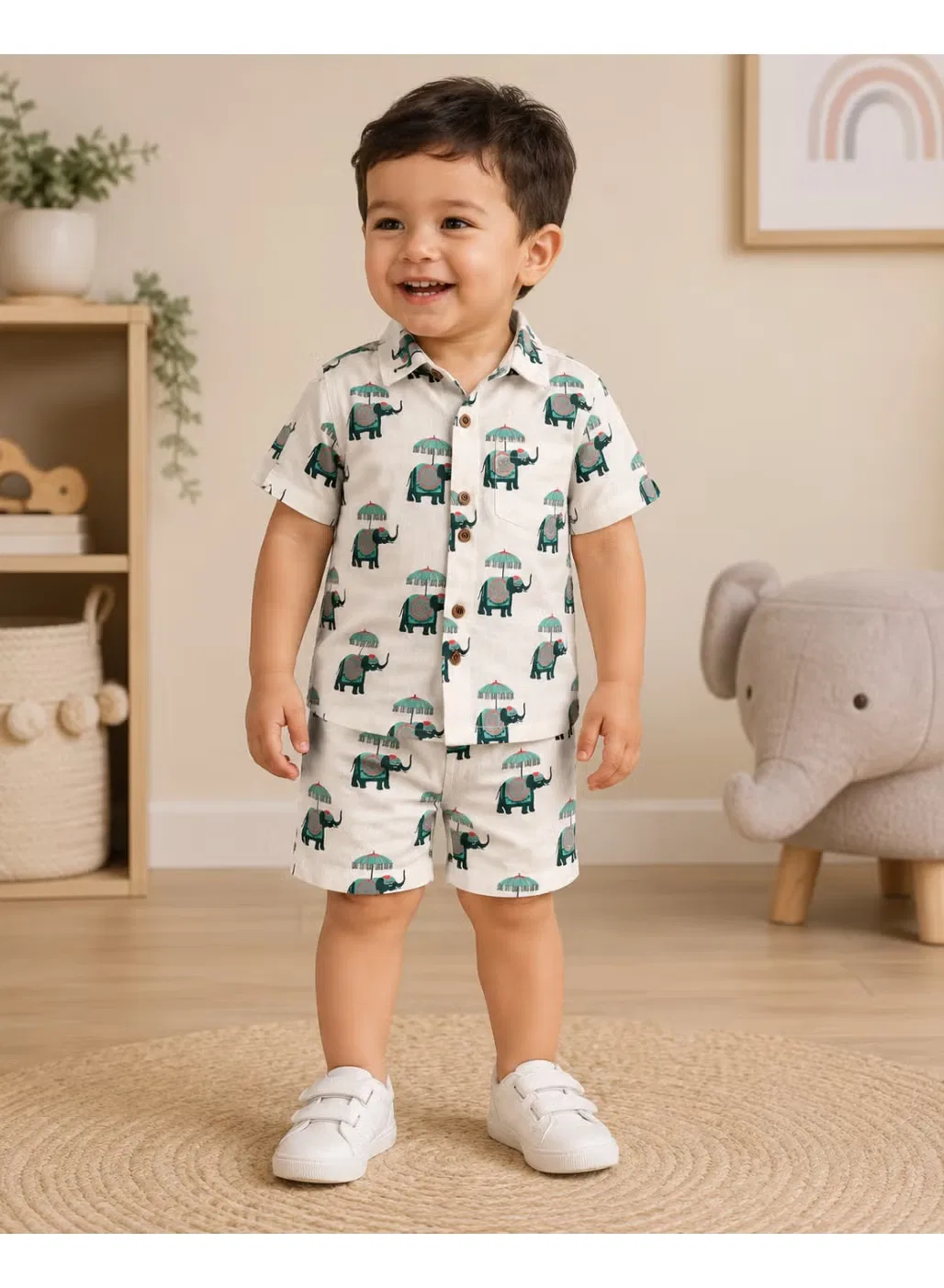 Комплект детский с принтом слонов и зонтов 2 предмета Matching Family Outfits, белый — фото 4