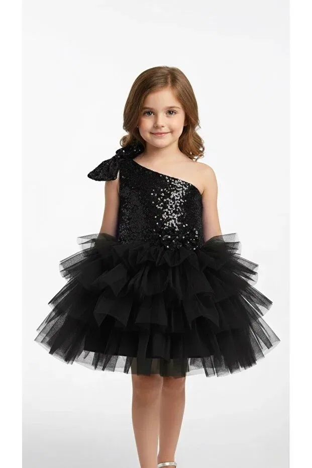 Детское платье для девочек с пайетками One-Shoulder Sequined Bow Tutu Evening Dress Babysmile, Black