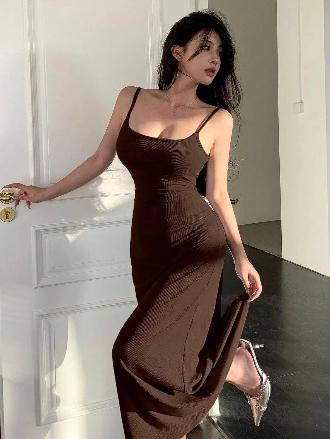 Женское повседневное платье на бретелях Casual, Brown — фото 4
