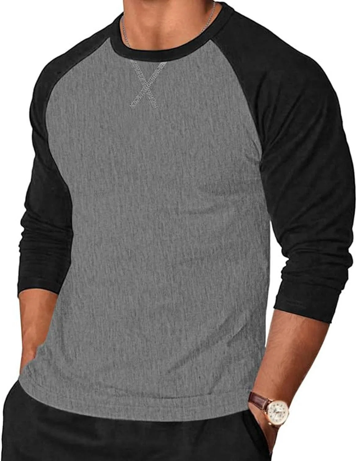 Мужская бейсбольная футболка с цветными блоками рукавов, Loose Fit, Grey