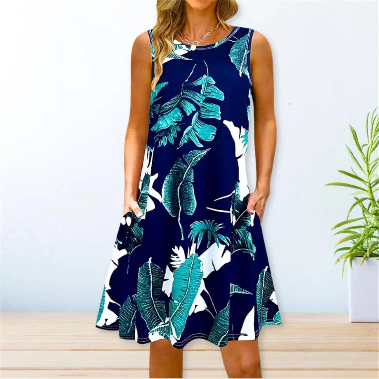Женское летнее платье миди Casual Sleeveless Boho Floral Petite Sundress Plus Size Vacation Flowy, 04-dark Blue — фото 2
