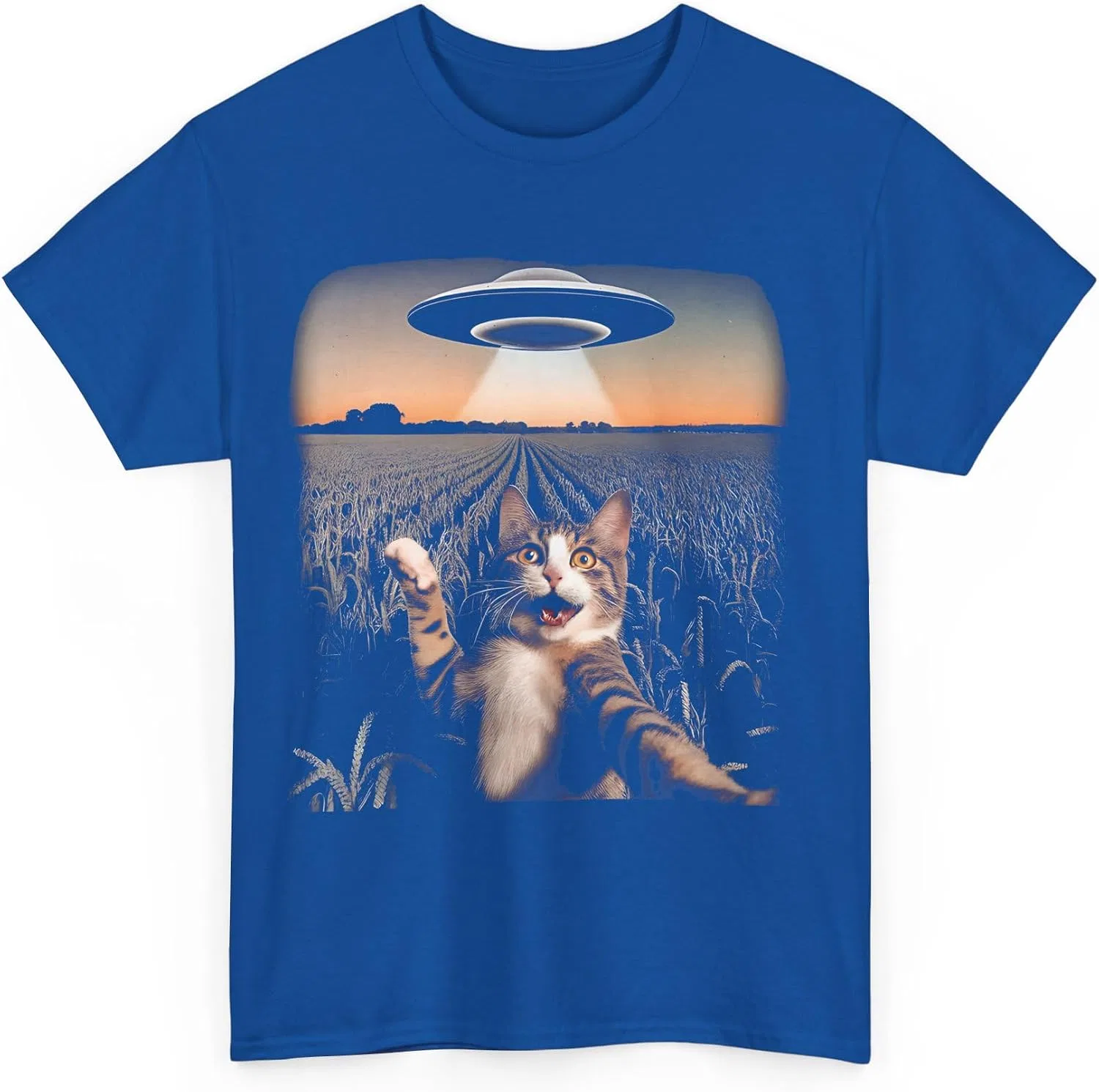 Женская футболка с принтом Cat Selfie with Alien UFO, королевский синий