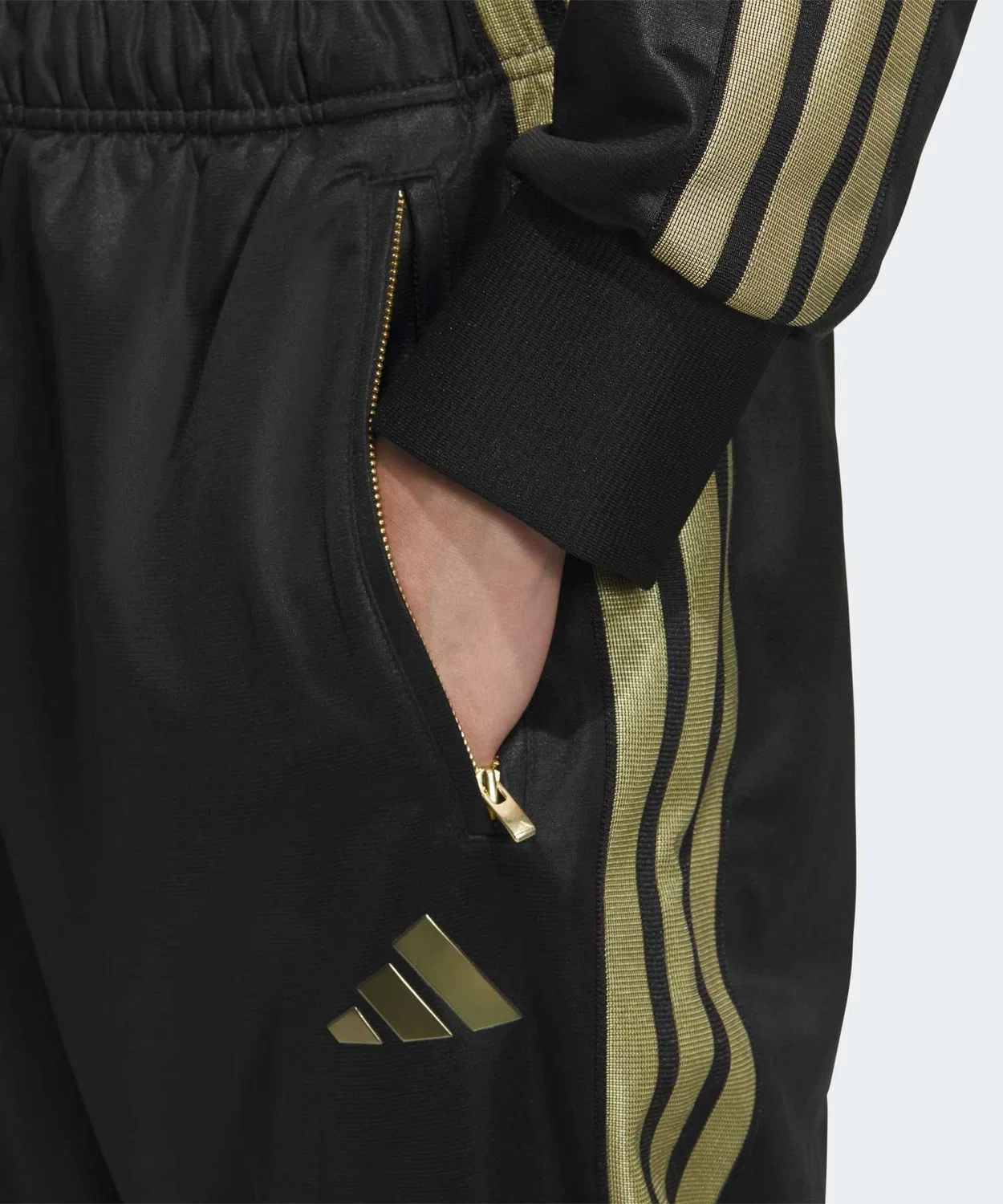 Мужские спортивные брюки с двойным трикотажем, открытый низ, модель Stadium Gold, Adidas, Black/Gold — фото 3