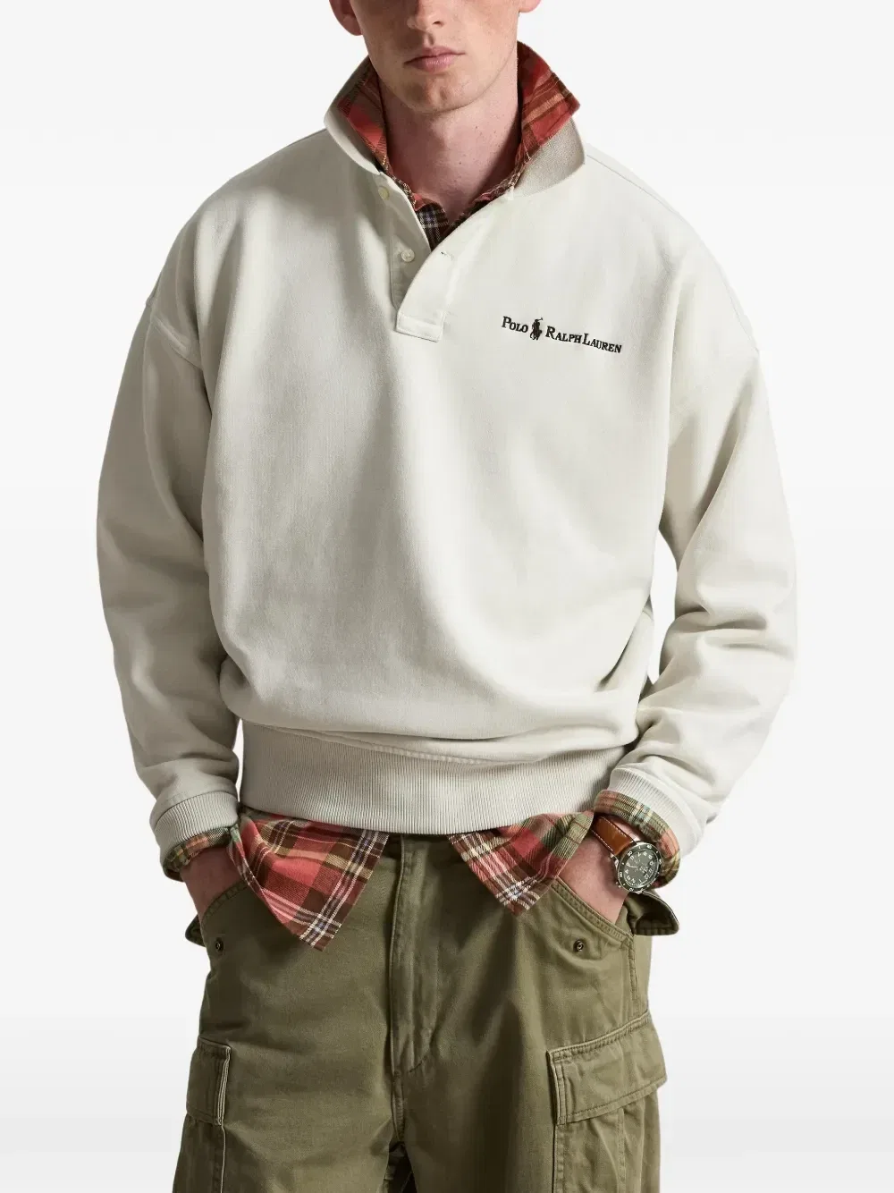 Толстовка с воротником и логотипом свободного кроя Polo Ralph Lauren, бежевый — фото 3
