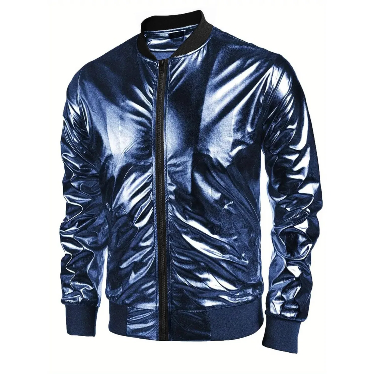 Мужская куртка-бомбер с металлическим блеском, slim fit, на молнии, для вечеринок, blue