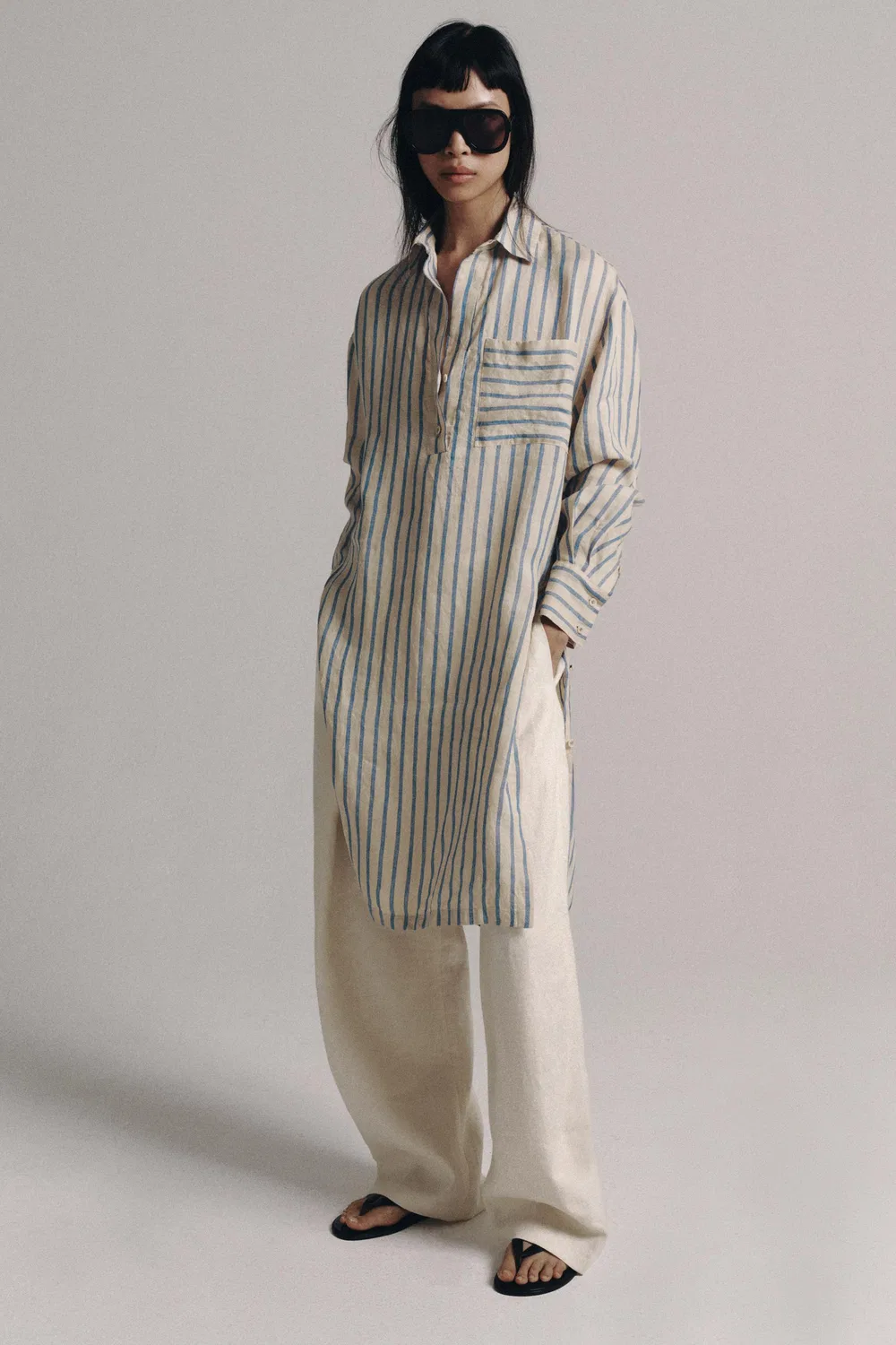 Платье-рубашка в полоску из коллекции ZW, 100% лен. ZARA, Blue