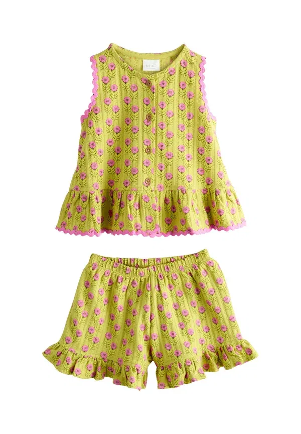 Комплект жилет и шорты с цветочным принтом Regular fit - peplum vest and shorts set Next, green pink flower, зеленый/розовый