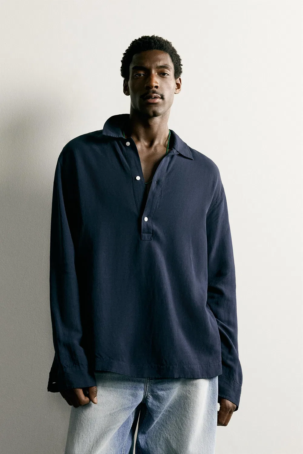 Поло из вискозы и льна, стандартного кроя. ZARA, Navy blue — фото 2