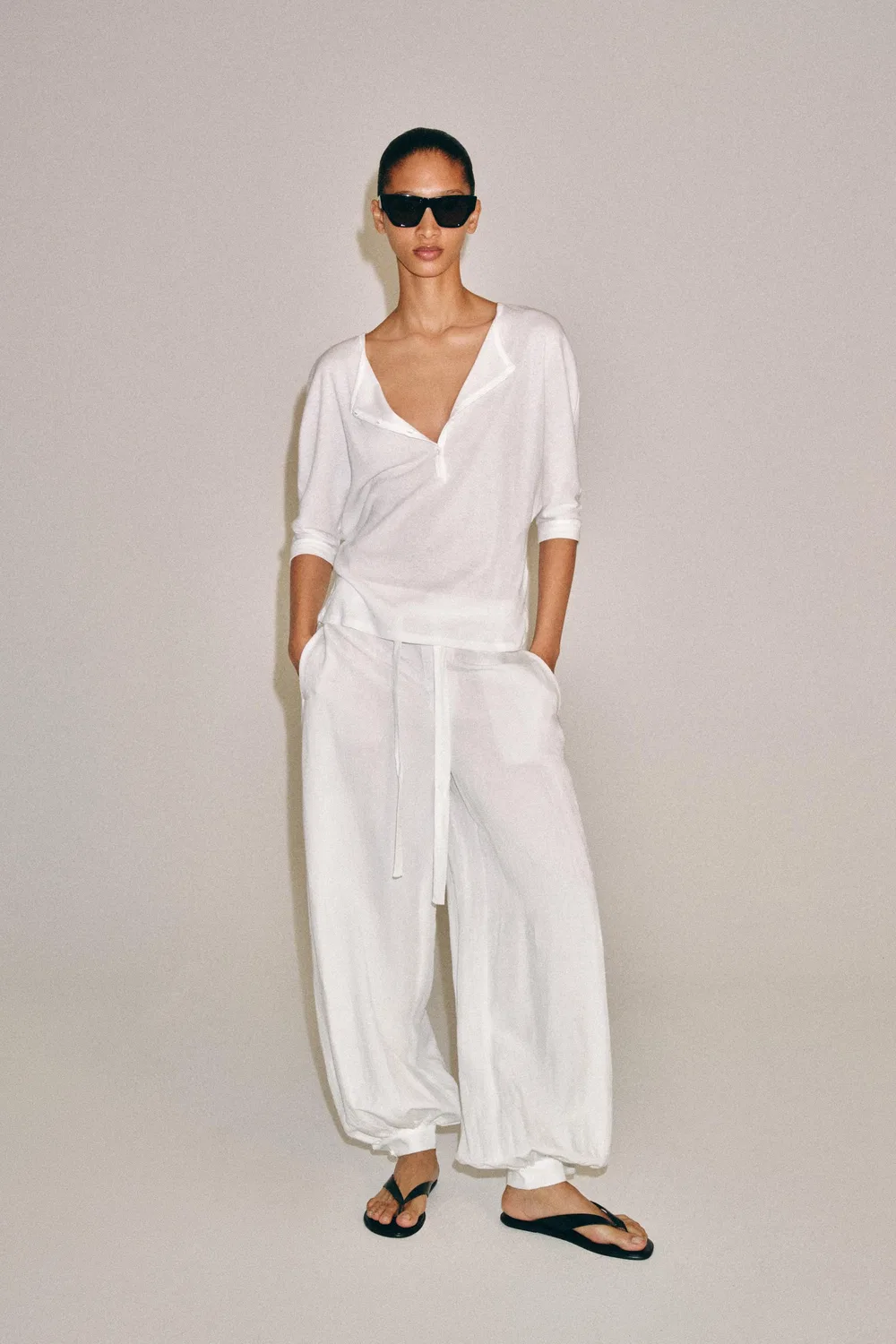 Хлопковая футболка Henley ZARA, White