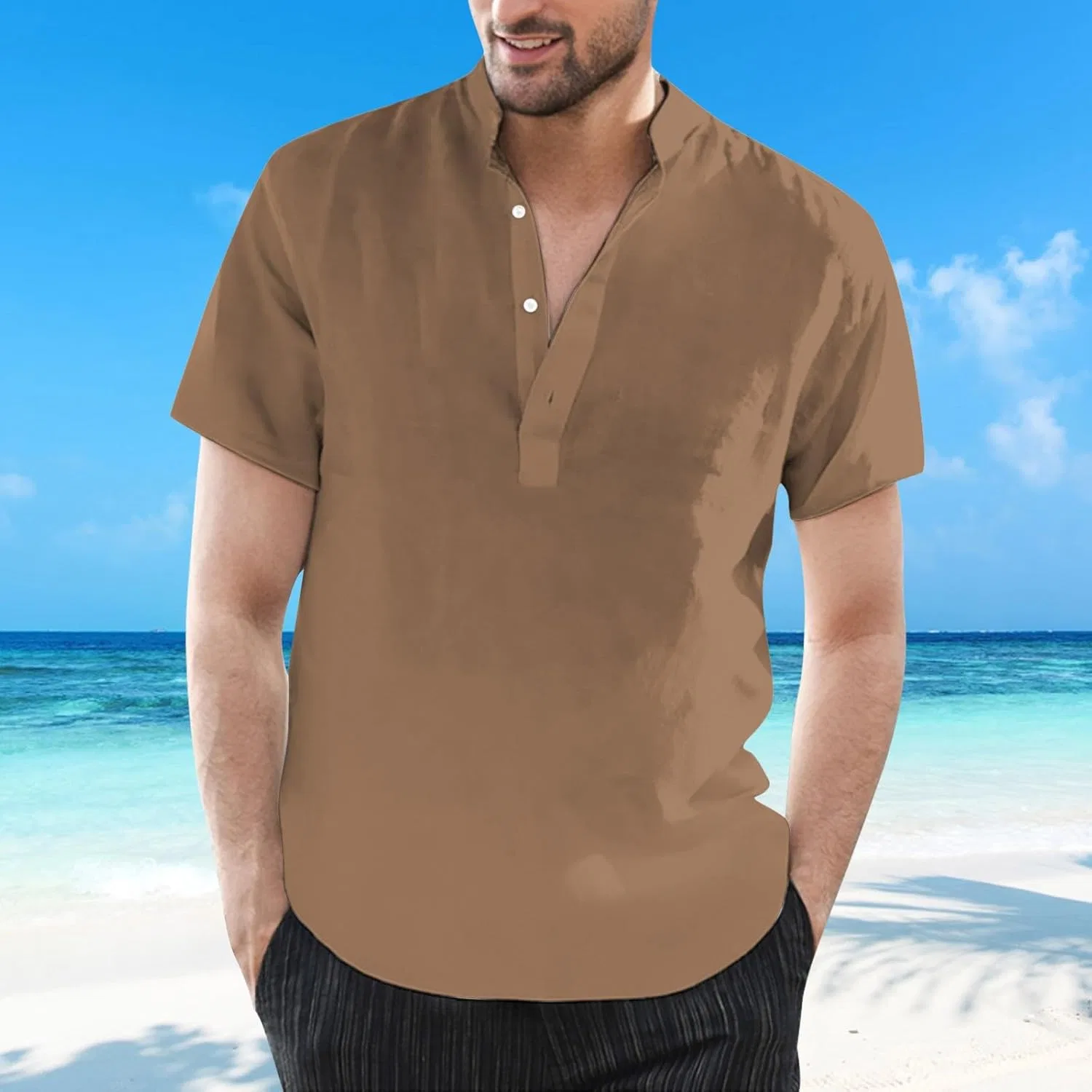 Мужская льняная рубашка-поло с коротким рукавом Casual Lightweight, Coffee — фото 2