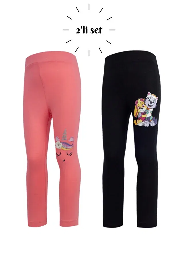 Детский комплект леггинсов для девочек с принтом Unicorn Embroidered Pink - Paw Patrol Skye And Everest Printed Black Mama And Miel, Pink-Black