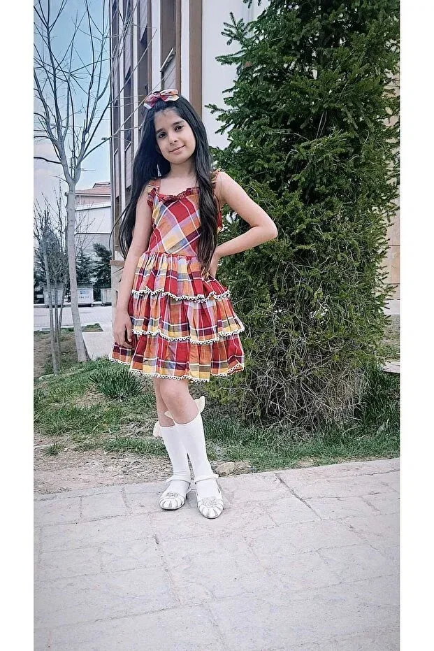 Детское платье для девочек с принтом Eid Girl's Plaid Detailed Puffy Dress Dilek, Bordosari — фото 4