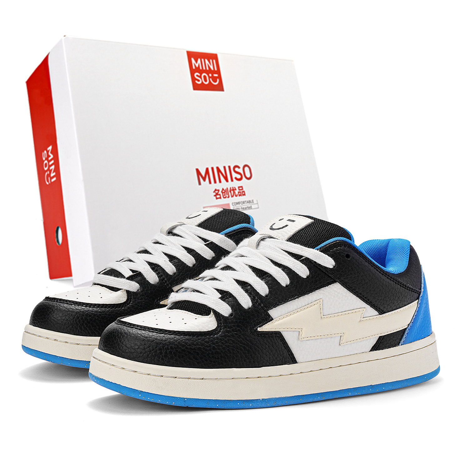 

MINISO Лайтнинг М серия лоу топ скейтборд кроссовки унисекс белый синий черный, цвет White Blue Black